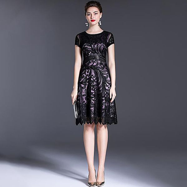 

capris plus size clothing 2021 summer party event women allover appliques embroidery short sleeve slim fitted a-line 50s 60s 4xl, Black;gray