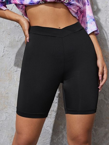 

overlap waist solid biker shorts f0pu#, Black