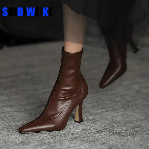 

boots high heels dress shoes pointed toe bare black booties thin heeled fashion ankle retro ladies botas ad630
