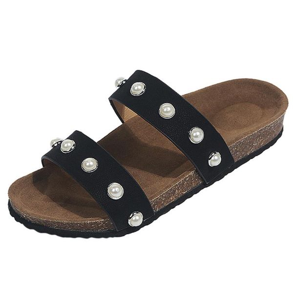 

summer women slippers open-toe beach shoes slip-on concise casual pearl round toe outdoor shallow solid color, Black