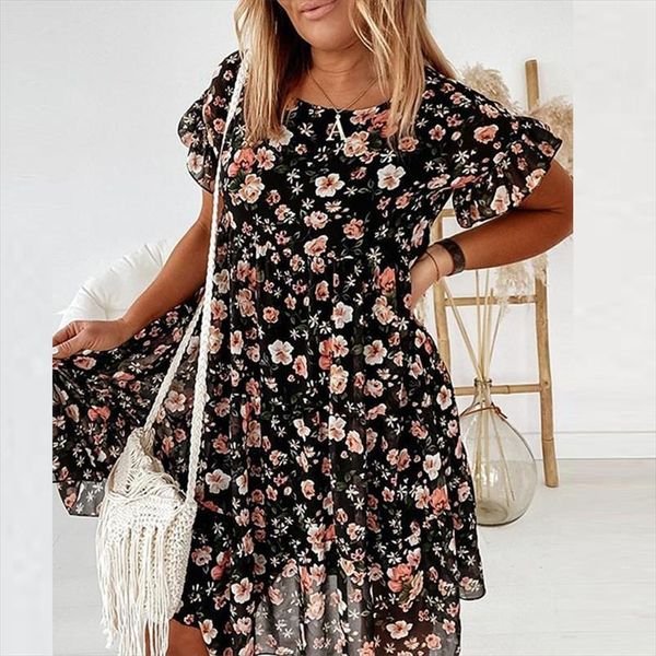 

elegant floral print ruffle summer women dress boho round neck mini female casual loose short sleeve beach party, Black;gray