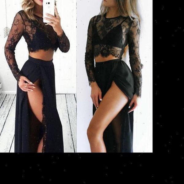 

2 pieces black women tracksuits lace dress evening party long sleeve tranparent crop womens suit two piece set, Gray