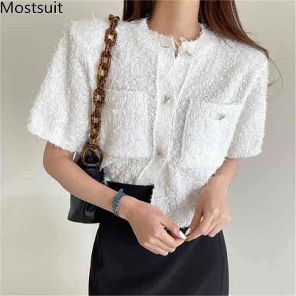 

summer vintage knitted women cardigan short sleeve o-neck single breasted pockets sweater korean elegant ladies jumper 210513, White;black