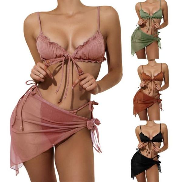 

women's swimwear swimsuit 2021 women split set solid color bikini with ruffles lace-up panties see-through mesh cover ups xs-xl, White;black