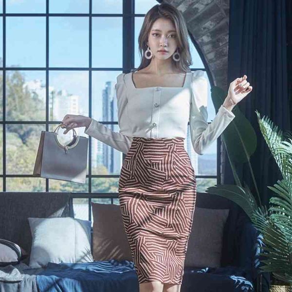 

zawfl autumn arrival office lady pullover square neck zipper fly knee-length regular print skirt women's sets 210603, White
