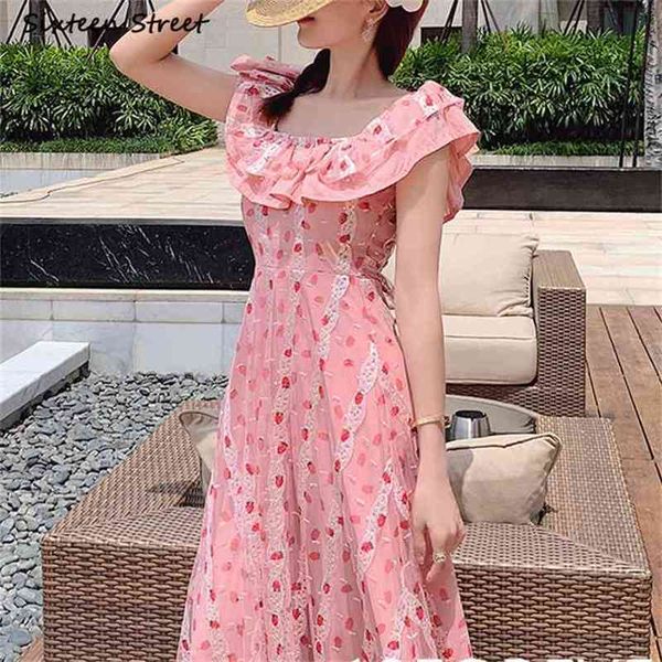 

pink strawberry dress woman vintage summer slash neck party es vestido high waist elegant runway lady 210603, Black;gray
