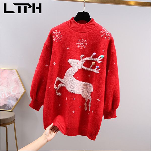 

red christmas sweater loose casual lazy elk knitted pullovers long sleeve soft warm women's sweaters winter 210427, White;black