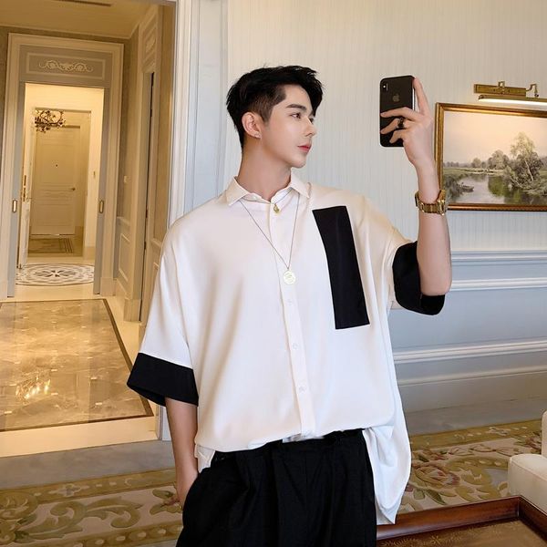 

men summer ribbons oversize loose casual short sleeve shirt male streetwear hip hop party dress men's shirts, White;black