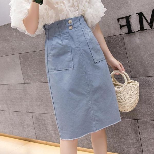 

skirts fashion midi denim skirt women 2021 summer light blue jeans with pocket female vintage hip package saias streetwear, Black