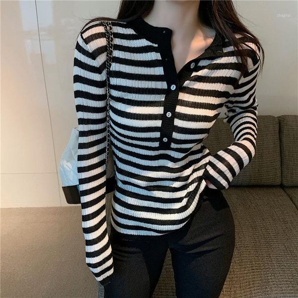 

women's sweaters korean slim fit striped v-neck geometric 2021 chic gentle basic long sleeve knitting all match pullovers, White;black