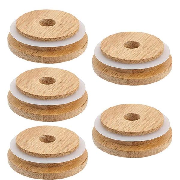 

kitchen storage & organization 5 pcs 70mm/86mm bamboo wood mason jar lid with straw hole silicone seal ring wide mouth cup covers caps