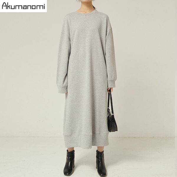 

2021autumn spring plus size maxi dresses for women 2021 xxxl 4xl 5xl 6xl 7xl gray o neck long sleeve casual fall dress with pockets, Black;gray
