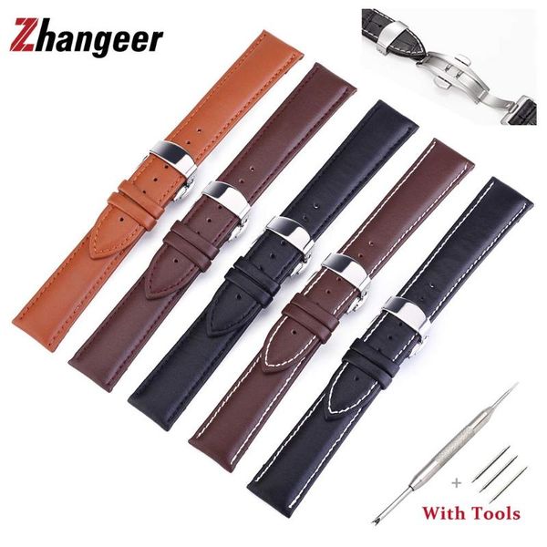 

watch bands 12mm-24mm plain weave genuine leather watchband butterfly buckle strap wristwatches accessories cowhide band flat interface belt, Black;brown