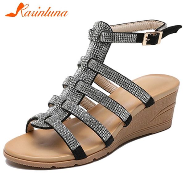 

female ankle strap wedges summer sandals rhinestone open toe gladiator women classic shoes, Black