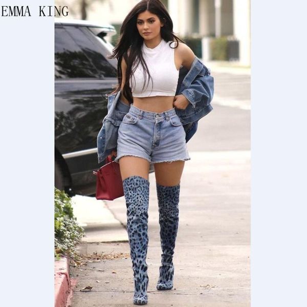 

fashion women winter thigh high boots leopard ladies pointed toe heels shoes female over the knee long, Black