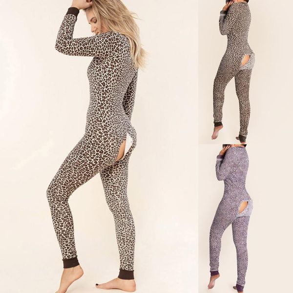 

womens onesie leopard pajamas button-down front functional buttoned flap jumpsuit long sleeve sleepwear bodysuits j60 women's jumpsuits, Black;white