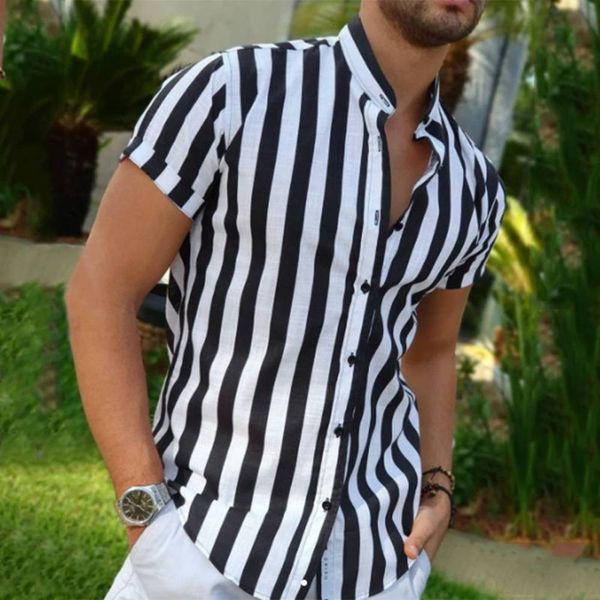 

dresses summer men's casual short sleeve stand collar button stripe shirt, White;black