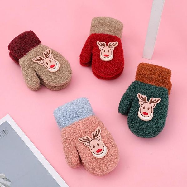 

children's mittens gloves 1-6y kids babytoddler girls boys children cute cartoon elk winter thicken fleece keep warm kniited accessorie, White