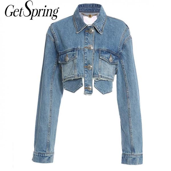 

getspring women coat short denim womens jackets coats pink blue vintage casual jean 2021 fashion women's, Black;brown