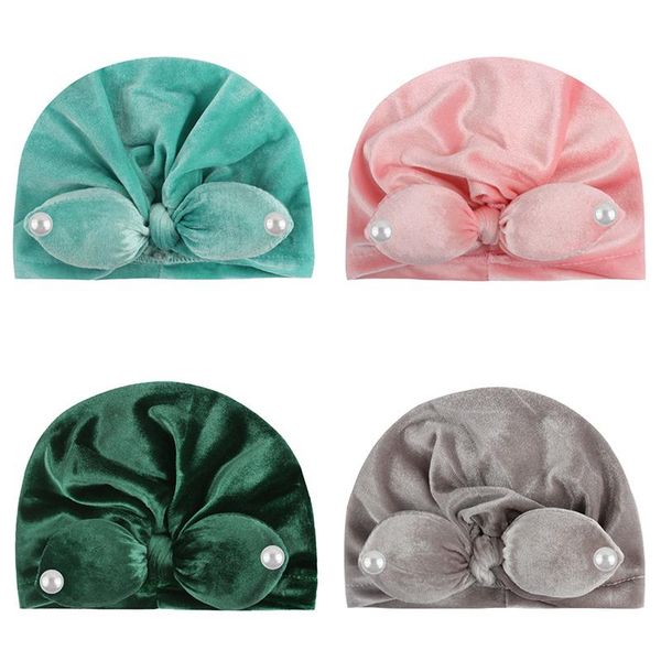 

caps & hats cute bow baby hat winter autumn velvet pearl kids bonnet cap turban solid color knotted beanie for children accessories, Yellow