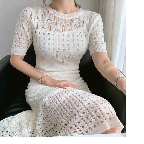 

korean style elegant fashion o-neck hollow knit suspender two-piece dress women summer womens sweater dress, Black;gray