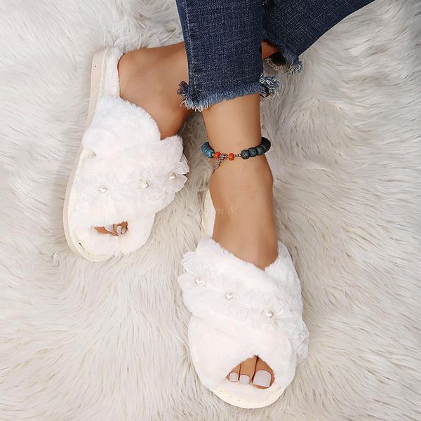 

slippers 2021 design winter women faux fur lace pearl cross strap flat indoor house shoes ladies female footwear cozy, Black