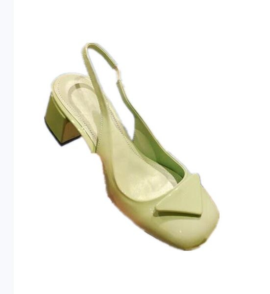 

fashion trendy brand master lady sandals thick heel triangle logo decorative square head buckle white beige pink green blue yellow, Black