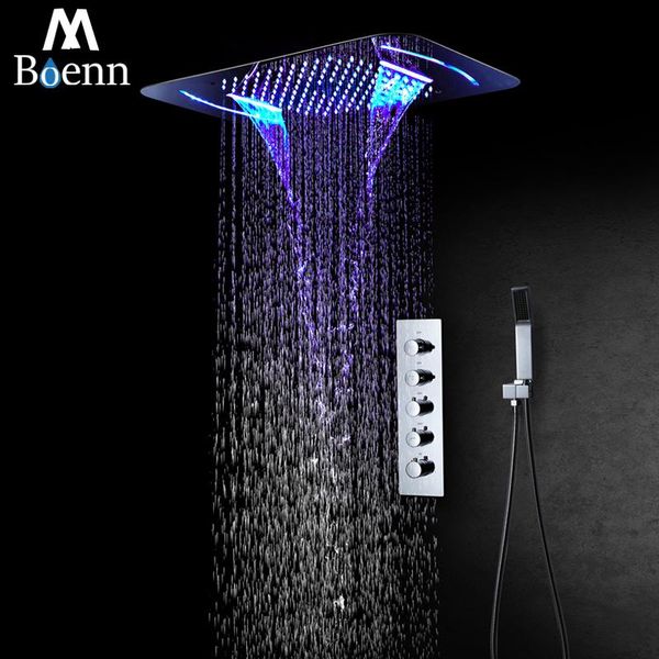 Boenn Rain Shower Systems Torneira de banheiro com cabeça de LED Válvula termostática Torneira misturadora de banho Conjunto de teto embutido Conjuntos cromados