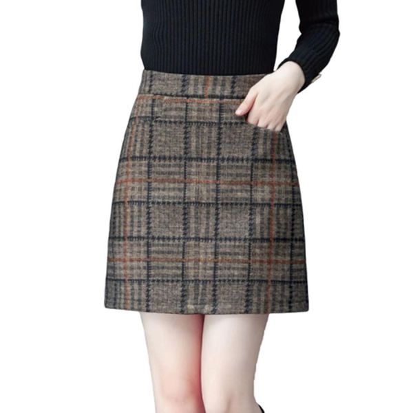 

woolen plaid short skirt women 2021 spring summer high waist wrap bodycon mini skirts female casual office slim tartan, Black