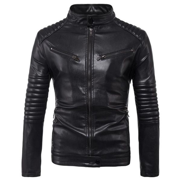 

men's fur & faux 2021 motorcycle leather jacket fashion pleated zipper bomber coat boutique slim pu m-5xl, Black