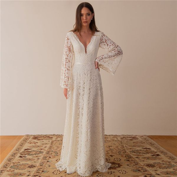 

vintage lace a line wedding gowns v neck long sleeves vestidos de novia backless floor length bridal dress china, White