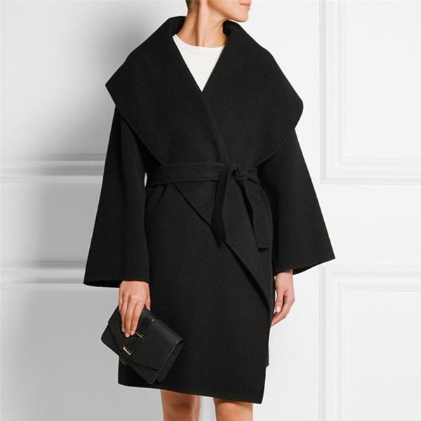 

women's wool & blends autumn winter women plus size loose warm long coat female belt coats office elegant solid outwear w866, Black
