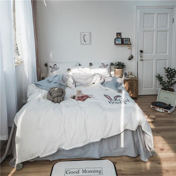 

bedding sets luxury washed cotton cartoon ears set embroidery duvet cover bed sheet pillowcases  king 4/6pcs size