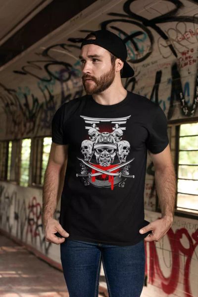 

japan samurai warrior head in helmet - black mens cotton t-shirt, White;black