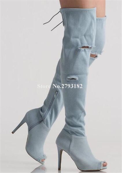 

boots women fashion peep toe blue denim over knee thin heel gladiator cut-out hole jean back lace-up long high, Black