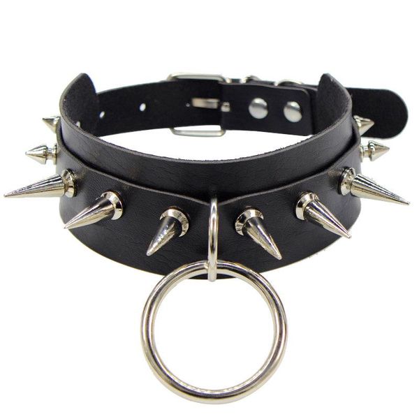 

punk rock big o-round spike rivet stud choker necklace gothic pu leather short for women statement party club jewelry pendant necklaces, Silver