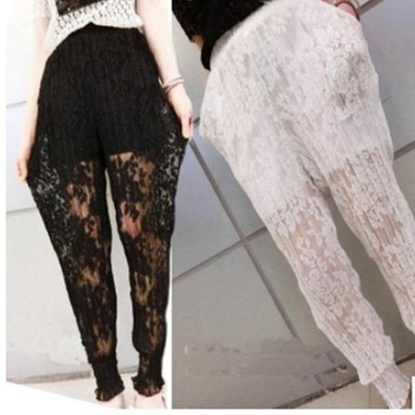 

women's pants & capris european perspective long elastic waist stretch was thin lace feet harlem pleated wild loose trousers, Black;white