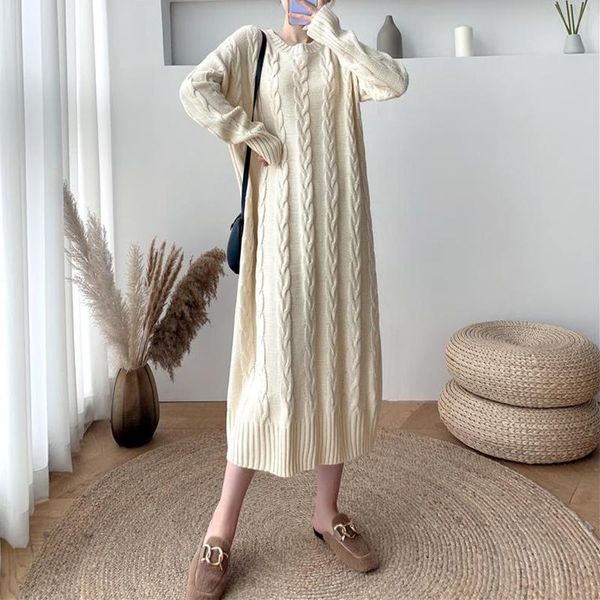 

casual dresses winter women sweater black long sleeve o neck twist pullovers loose warm knitted dress 2021, Black;gray