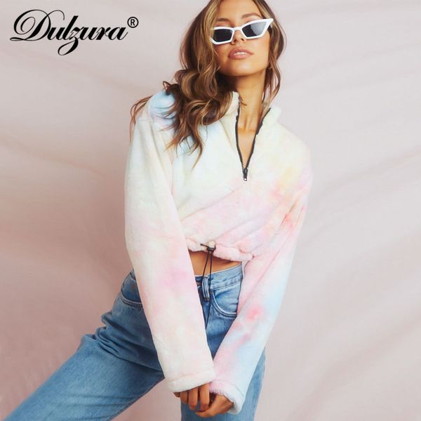 

dulzura 2021 autumn winter women swearshirt coats pullover tie dye streetwear crop lambswool korean festival clothing loose, Black;white