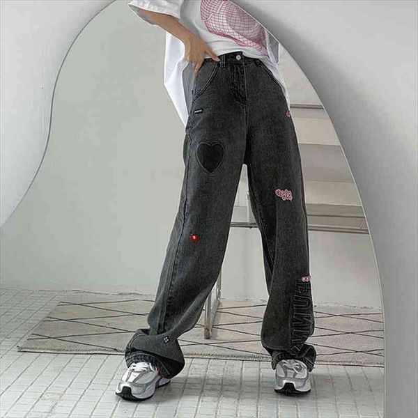 

houzhou fashion womens jeans straight high waist streetwear baggy denim trousers harajuku vintage wide leg jeans loose, Blue