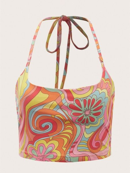 

tied backless floral print halter f1jl#, White