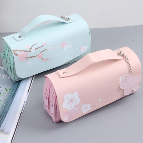 

candy color sakura pencil bag kawaii pouch pu leather pen case stationery for school girl sweet holder bags