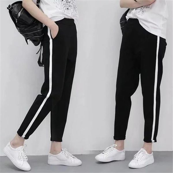 

gaoke autumn harem casual womens capri long trousers black side striped thin ankle length female pencil pant, Black;white
