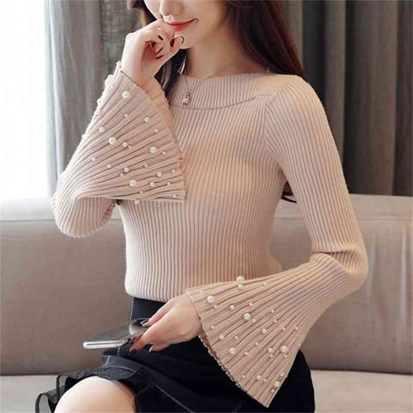 

solid sweater women flare sleeve pearl studded beading slim pullover knitting autumn winter korean jumperwomen c8n101 210421, White;black