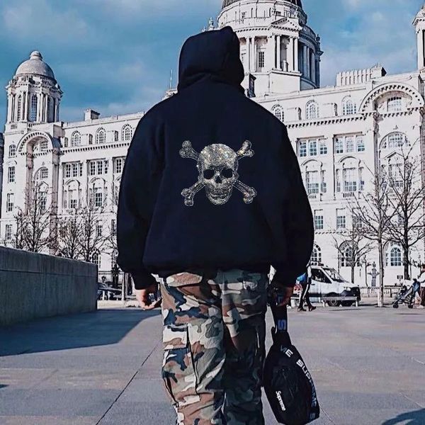 

men's hoodies & sweatshirts arrival autumn winter pure cotton hooded hoodie fleece pullover print diamond skull shiny bodybuilding keep, Black