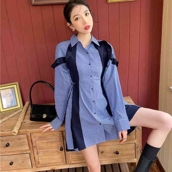 

casual dresses fashion women patchwork shirt button up blue striped collar mini tunic designer spring clothing h8vx, Black;gray