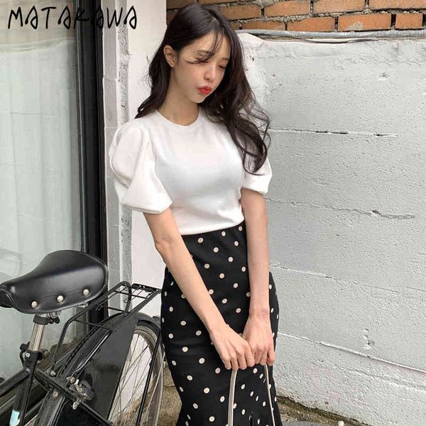 

matakawa korea chic simple woman tshirts round neck tshirt slim puff sleeve t-shirt short sleeve summer for women 210513, White