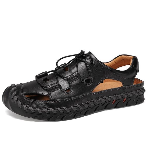 

sandals big size mens luxury fashion outdoor beach breathable summer shoes cow leather sandal handmade cover toe sandales zapato, Black