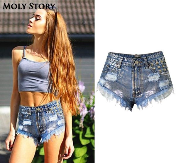 Summer punk rebite shorts prateados femme jeans de cintura alta para mulheres jeans curtas cortadas