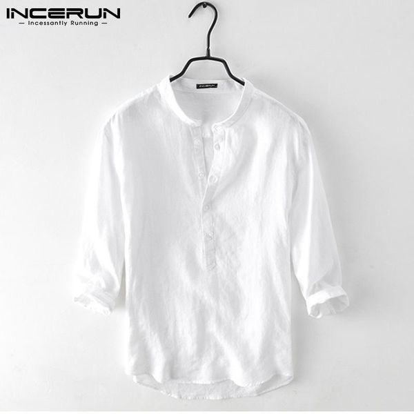 

men's casual shirts 2021 mens fashion trend lapel pullover seven-point sleeve linen shirt large size loose cotton s-3xl incerun, White;black